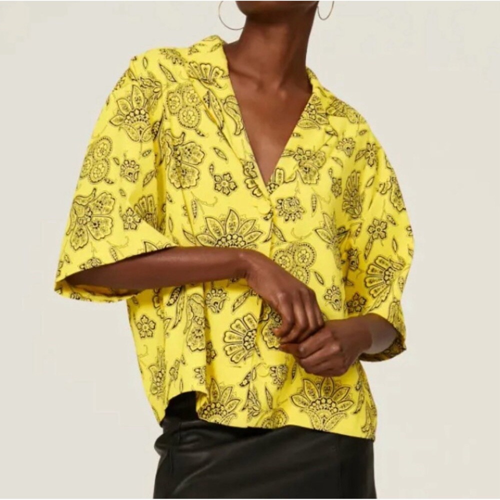 Saunders x RTR Rox Top‎ Yellow Floral Short Sleeve V-Neck Button Front Sz 6